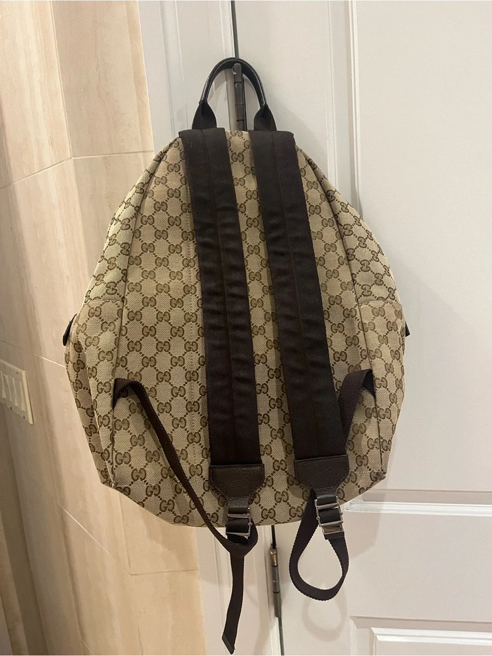 Gucci Beige GG Canvas Backpack with Green and Red Web Stripe